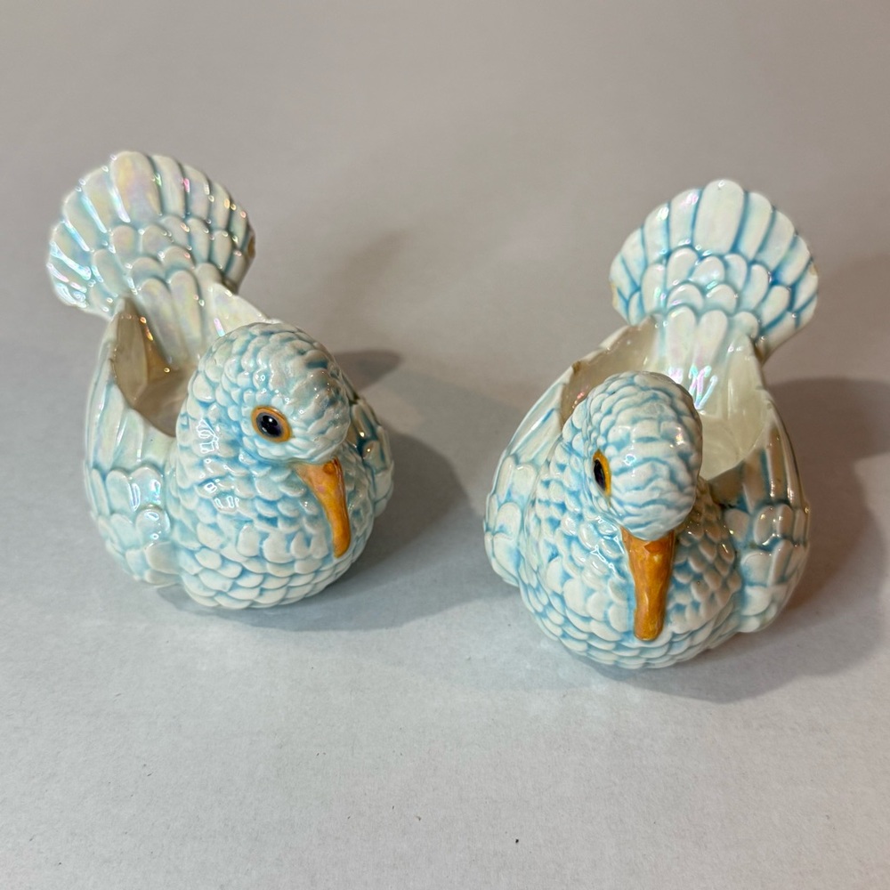 Vintage Iridescent Blue Dove Tealight Holders – Ceramic Pair